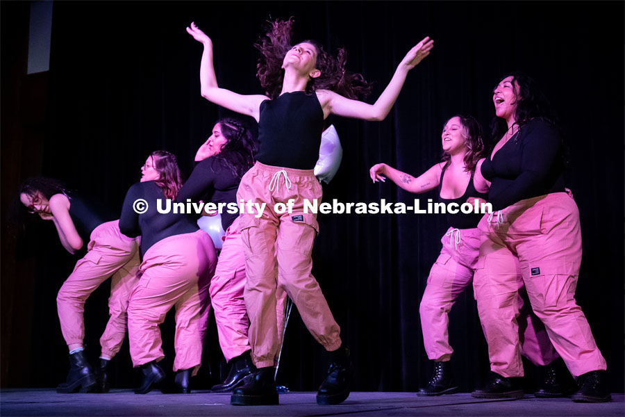 Members of Kappa Delta Chi preform during the OASIS and FRATERNITY AND SORORITY LIFE Stroll Off inside the Nebraska Union Centennial Room. April 1, 2023. Photo by Jordan Opp for University Communication.