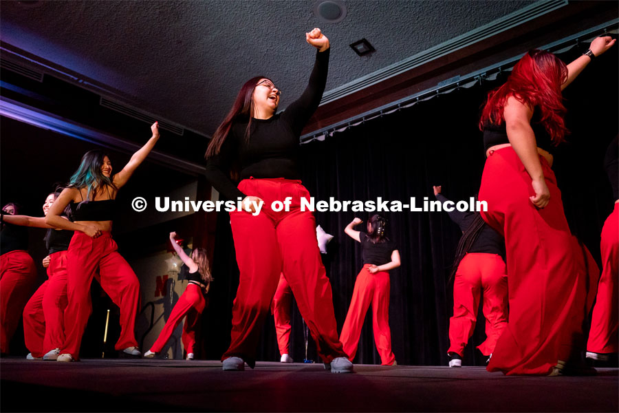 Members of Sigma Psi Zeta perform during the OASIS and FRATERNITY AND SORORITY LIFE Stroll Off inside the Nebraska Union Centennial Room. April 1, 2023. Photo by Jordan Opp for University Communication.