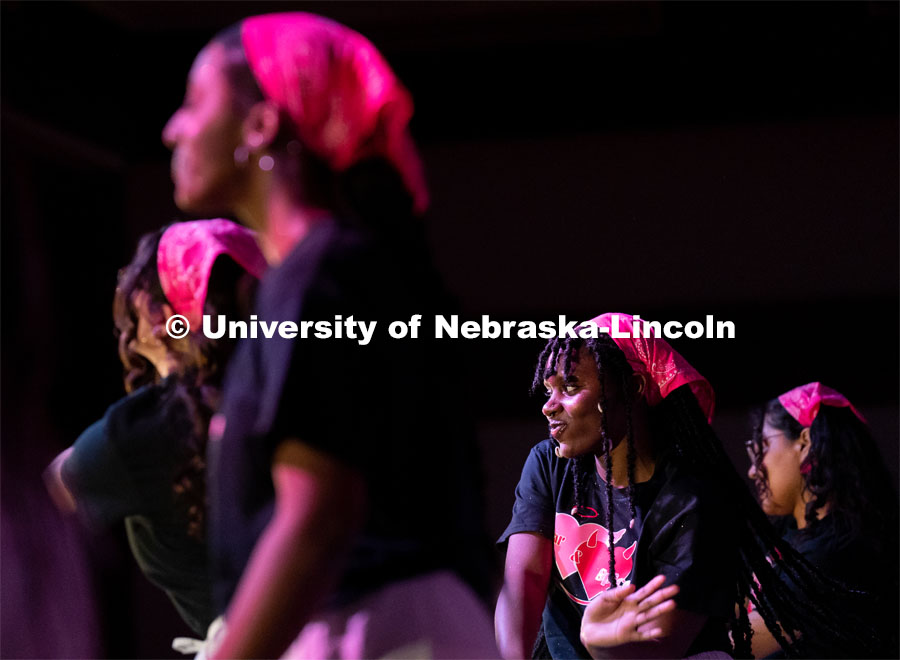 Members of Delta Xi Nu perform during the OASIS and FRATERNITY AND SORORITY LIFE Stroll Off inside the Nebraska Union Centennial Room. April 1, 2023. Photo by Jordan Opp for University Communication.