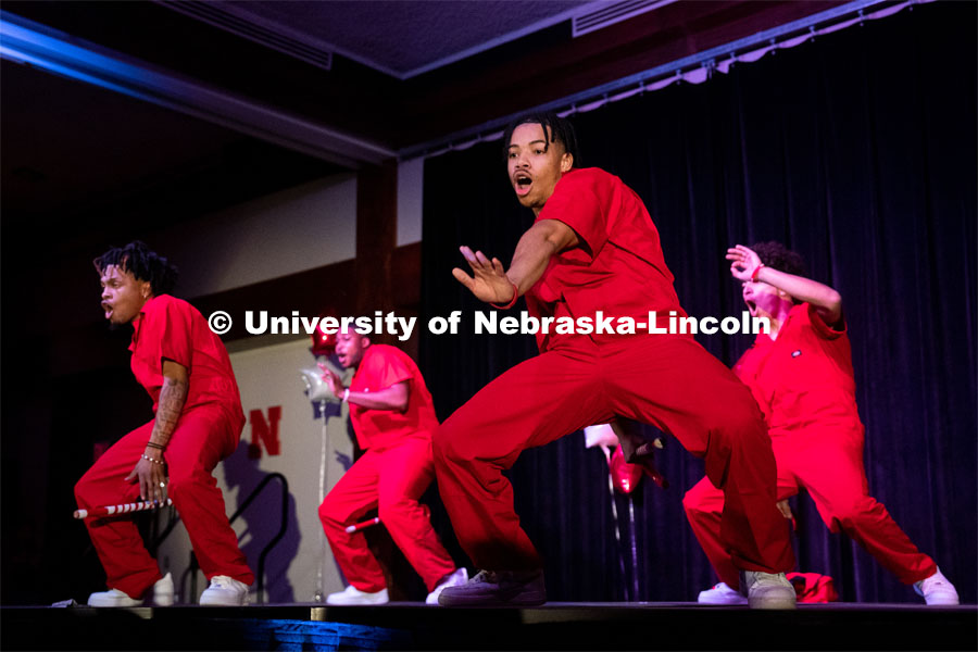 Members of Kappa Alpha Psi perform during the OASIS and FRATERNITY AND SORORITY LIFE Stroll Off inside the Nebraska Union Centennial Room. April 1, 2023. Photo by Jordan Opp for University Communication.