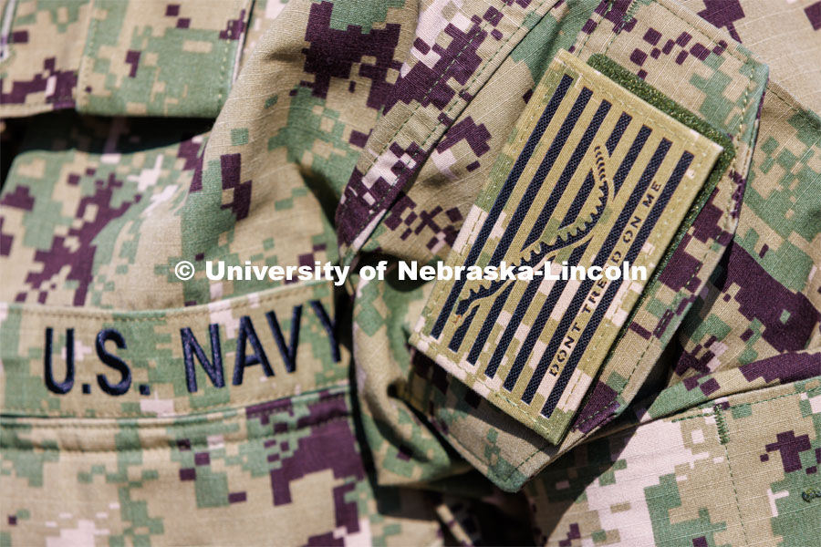 Shoulder patch on Navy ROTC Cadets. April 6, 2023. Photo by Craig Chandler / University Communication.