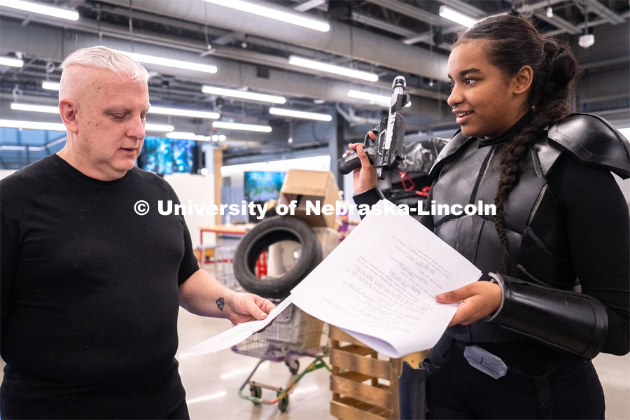 Freshman acting major Sydney Kwasa, left, reviews lines with actor Michael Taylor-Stewart before filming of a final project at the Johnny Carson Center for Emerging Media Arts. April 9, 2023. Photo by Jordan Opp for University Communication.