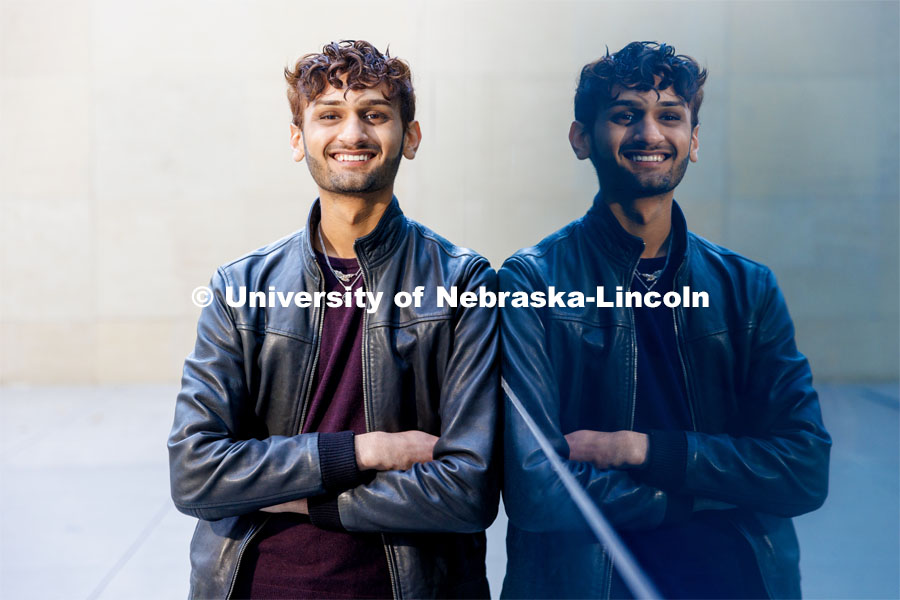 Aaryan Naik, a junior in economics is an Inclusive Business Leader mentor, Student Strengths Coach, doing a renewable energy internship with Nelnet. He’s also a Clifton Builder and in Delta Sigma Pi business fraternity. April 17, 2023. Photo by Craig Chandler / University Communication.