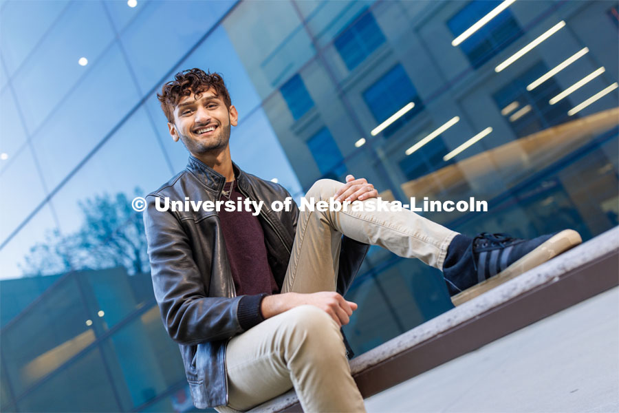 Aaryan Naik, a junior in economics is an Inclusive Business Leader mentor, Student Strengths Coach, doing a renewable energy internship with Nelnet. He’s also a Clifton Builder and in Delta Sigma Pi business fraternity. April 17, 2023. Photo by Craig Chandler / University Communication.