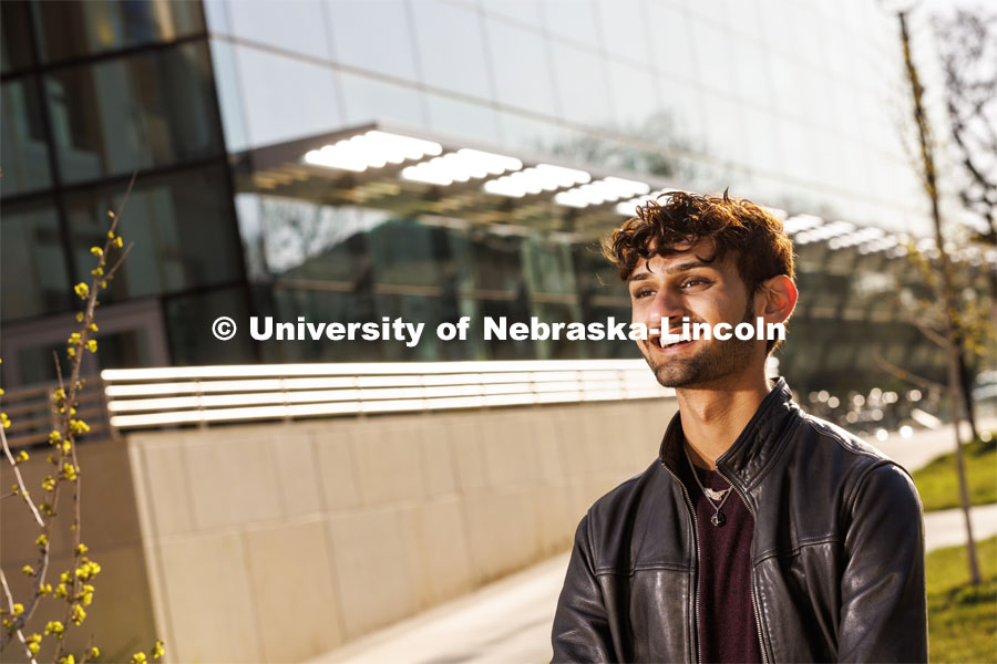 Aaryan Naik, a junior in economics is an Inclusive Business Leader mentor, Student Strengths Coach, doing a renewable energy internship with Nelnet. He’s also a Clifton Builder and in Delta Sigma Pi business fraternity. April 17, 2023. Photo by Craig Chandler / University Communication.
