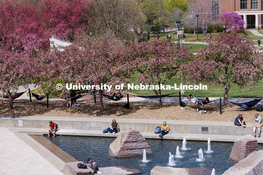 Students study by the Broyhill Fountain outside the Nebraska Union. Spring on city campus. April 18, 2023. Photo by Craig Chandler / University Communication.