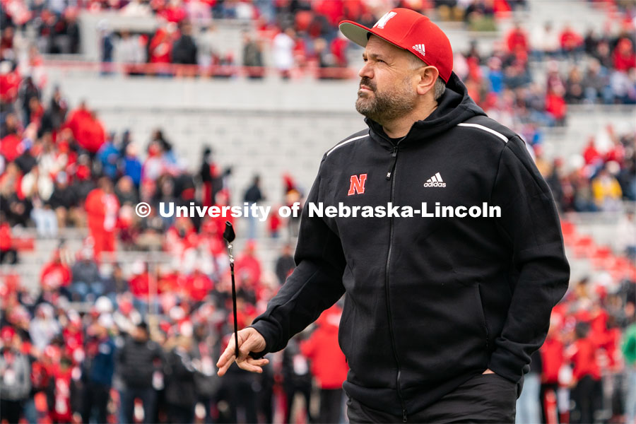 University of Nebraska football head coach Matt Rhule walks to the locker room before the spring game. April 22, 2023. Photo by Jordan Opp for University Communication.