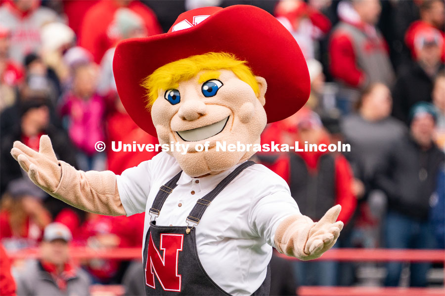 The new iteration of Herbie Husker hypes up the crowd before the Husker football spring game.  April 22, 2023. Photo by Jordan Opp for University Communication.