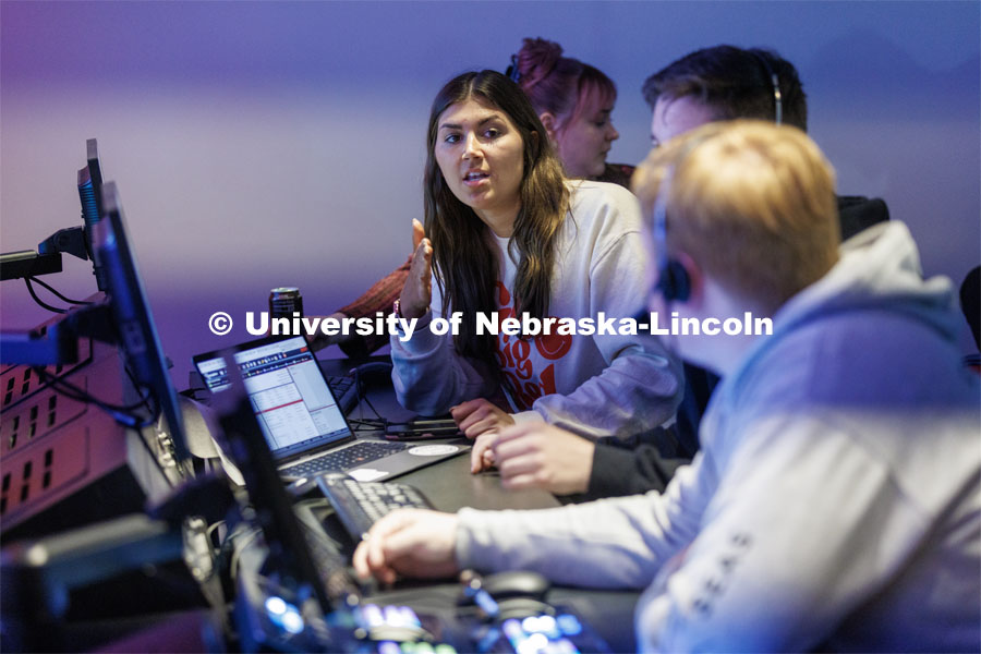 Alaina Tomesh talks over a production issue during the rehearsal. Students produce their Nebraska Nightly telecast in the new Don and Lorena Meier Studio. April 28, 2023. Photo by Craig Chandler / University Communication.