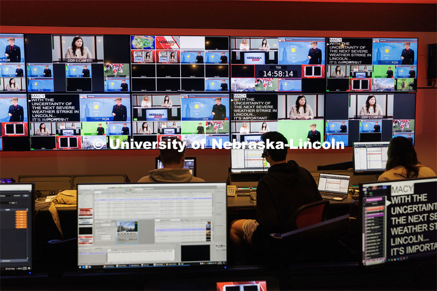 Students produce their Nebraska Nightly telecast in the new Don and Lorena Meier Studio. April 28, 2023. Photo by Craig Chandler / University Communication.
