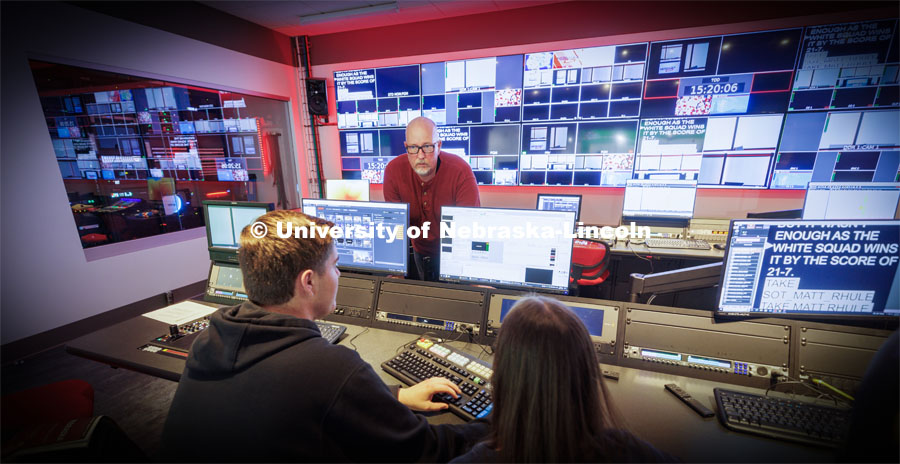 Technical Director Jamie Wenz talks over the challenges of the rehearsal before the nightly newscast. Students produce their Nebraska Nightly telecast in the new Don and Lorena Meier Studio. April 28, 2023. Photo by Craig Chandler / University Communication.