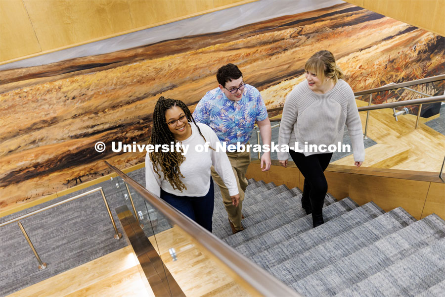 Students walking up stairs to get to their classes. College of Law photo shoot. April 28, 2023. Photo by Craig Chandler / University Communication.
