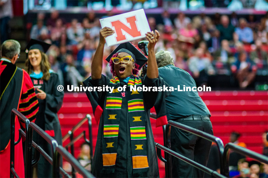 Masters Student Ja’Lesa Jem Reed excited about graduating. 2023 Spring Graduate Commencement in Bob Devaney Sports Center. May 19, 2023. Photo by Justin Mohling for University Communication.