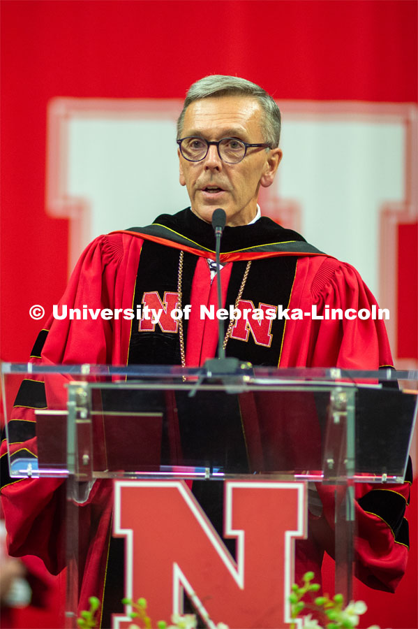 Chancellor Ronnie Green gives remarks at the 2023 Spring Graduate Commencement in Bob Devaney Sports Center. May 19, 2023. Photo by Justin Mohling for University Communication.