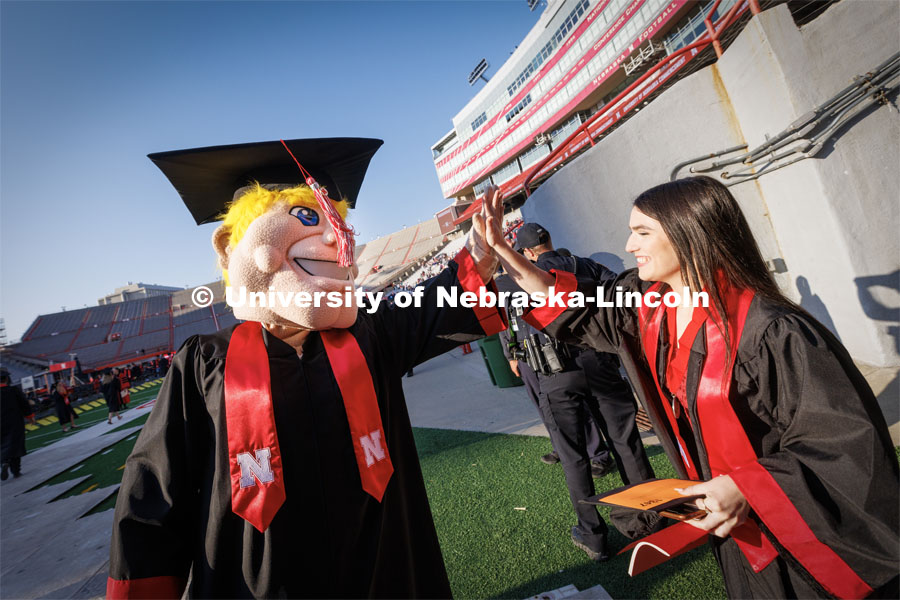 Anna Marie Stephenson high-fives Herbie Husker as she walks onto the field. Undergraduate commencement at Memorial Stadium. May 20, 2023. Photo by Craig Chandler / University Communication.