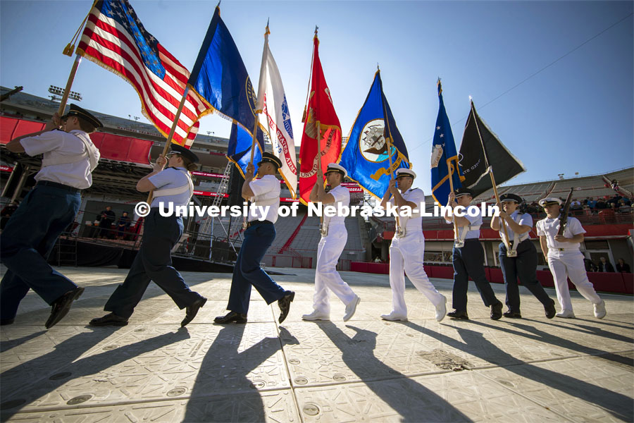 UNL ROTC color guard brings in the colors to begin the ceremony. Undergraduate commencement at Memorial Stadium. May 20, 2023. Photo by Dillon Galloway for University Communications.