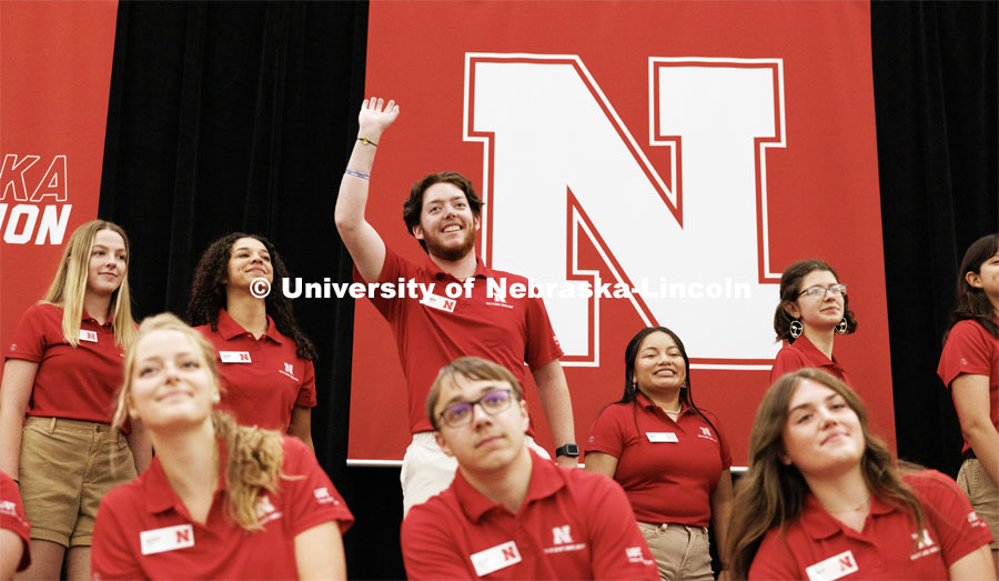 Andrew Stubblefield waves to the crowd as the orientation leaders are introduced. New Student Enrollment. May 30, 2023. Photo by Craig Chandler / University Communication.