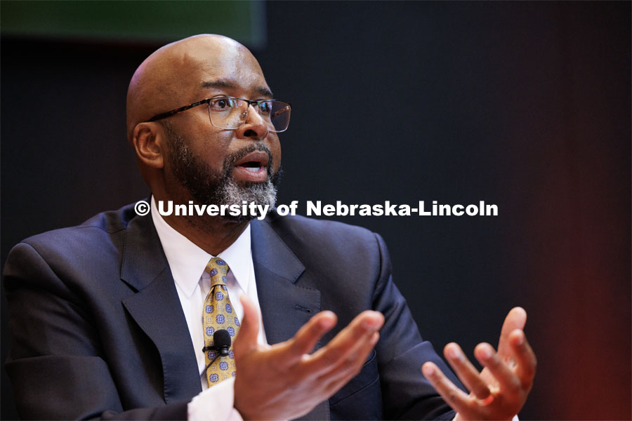 Preferred candidate for Chancellor Rodney Bennett, speaks at the engineering college forum in the Wick Alumni Center, one of 17 open forums he is appearing at this week. June 6, 2023. Photo by Craig Chandler / University Communication.