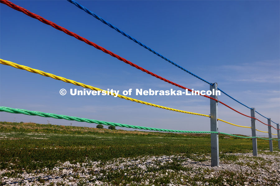 A cable system for highway medians at the Midwest Roadside Safety Facility. Photo used for 2022-2023 Annual Report on Research at Nebraska.  June 5, 2023. Photo by Craig Chandler / University Communication.