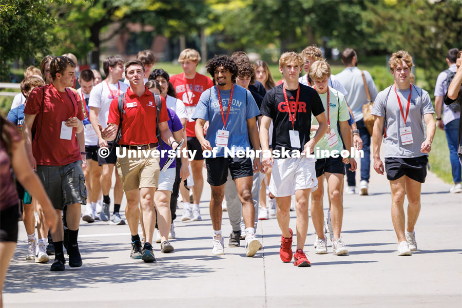 NSE group walks towards Love Library for the next afternoon session. New Student Enrollment. June 7, 2023. Photo by Craig Chandler / University Communication.
