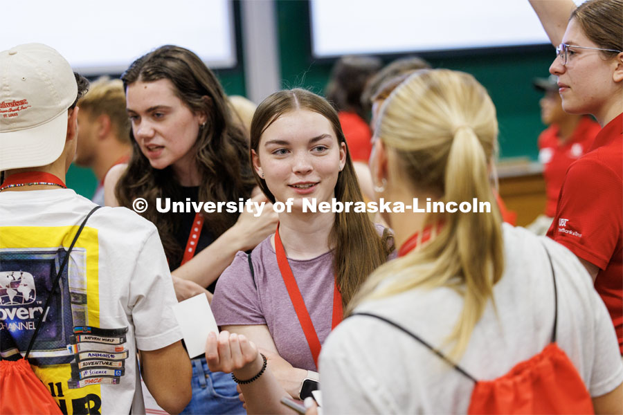 NSE students ask questions of each other to learn about their fellow Huskers. New Student Enrollment. June 7, 2023. Photo by Craig Chandler / University Communication.