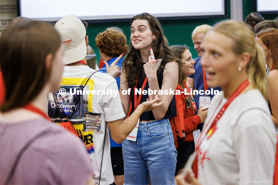 Eric Vollbrecht answers a question from another NSE student as they learn about their fellow Huskers. New Student Enrollment. June 7, 2023. Photo by Craig Chandler / University Communication.
