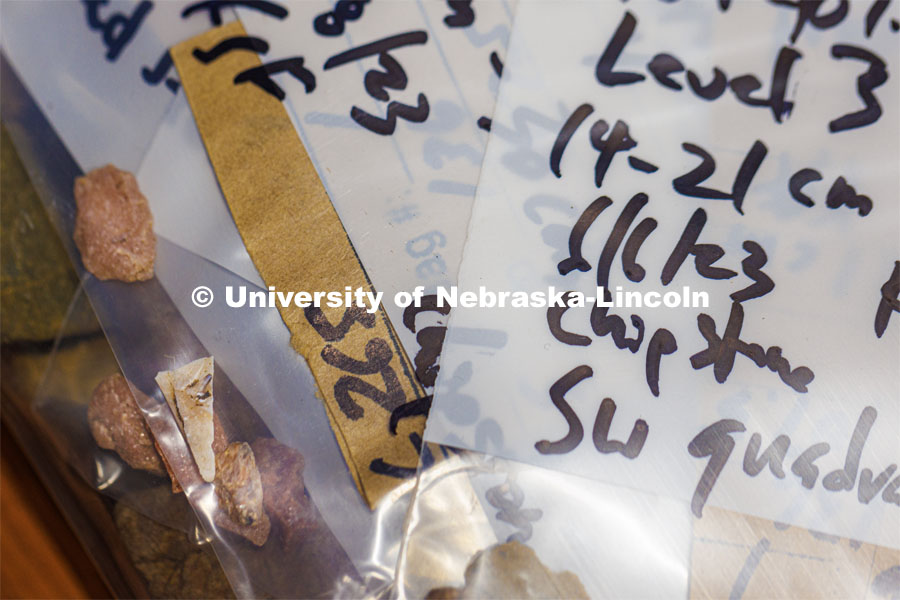 Shards recovered from the dig site are bagged and tagged in the lab area. LuAnn Wandsnider is leading anthropology and forensic anthropology digs at the Reller Prairie in southwest Lancaster County. June 9, 2023. Photo by Craig Chandler / University Communication.