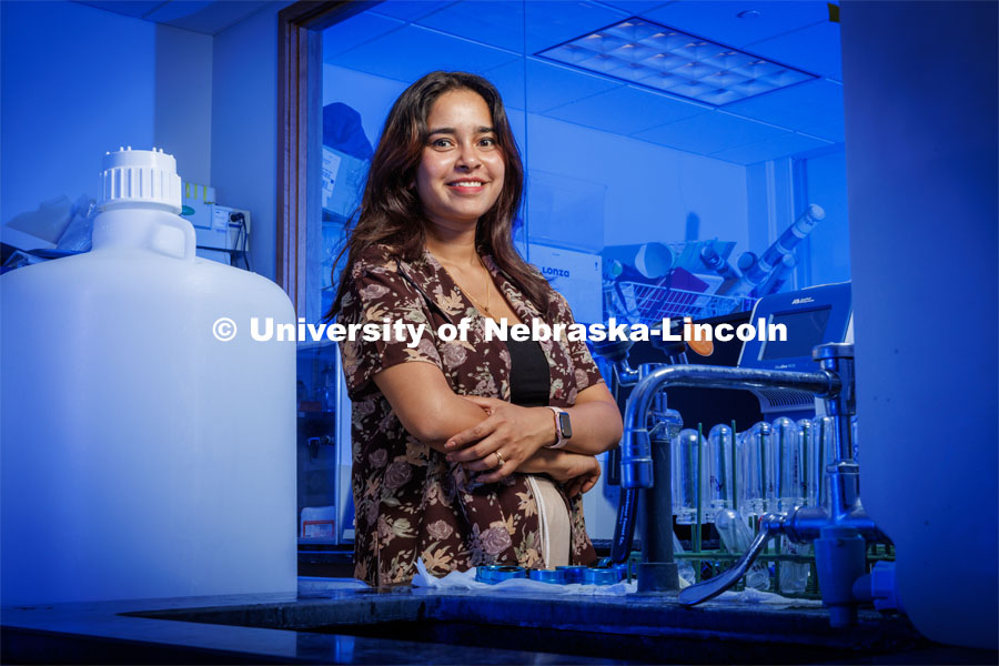 Barbie Zaman Wahid, PhD Student in the Janos Zemplini Leverton Hall lab. USDA funding supports Zempleni research on breastmilk consumption and brain development. June 16, 2023. Photo by Craig Chandler / University Communication.