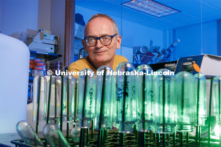 Janos Zemplini in his Leverton Hall lab. USDA funding supports Zempleni research on breastmilk consumption and brain development. June 16, 2023. Photo by Craig Chandler / University Communication.