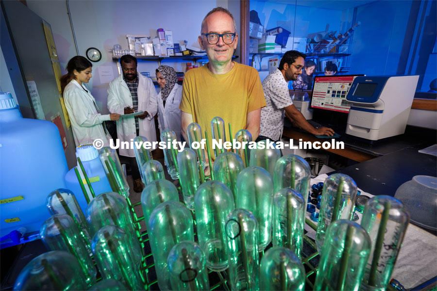 Janos Zemplini in his Leverton Hall lab. USDA funding supports Zempleni research on breastmilk consumption and brain development. Photo used for 2022-2023 Annual Report on Research at Nebraska. June 16, 2023. Photo by Craig Chandler / University Communication.