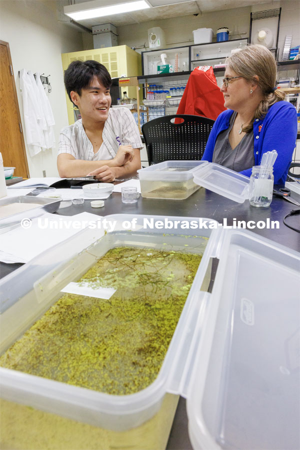 Bui Vu discusses research with Kristi Montooth. University of Nebraska-Lincoln’s “STEM-POWER Research Program: Empowering students from the start with Purpose, Ownership, and Well-being as they Engage in research Relationships”. June 28, 2023. Photo by Craig Chandler / University Communication.