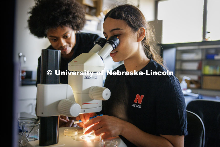 Maricela Zamora, an incoming UNL freshman from Lincoln, works on her research under the supervision of Jesus Worth, a UNL sophomore and program mentor. University of Nebraska-Lincoln’s “STEM-POWER Research Program: Empowering students from the start with Purpose, Ownership, and Well-being as they Engage in research Relationships”. June 28, 2023. Photo by Craig Chandler / University Communication.