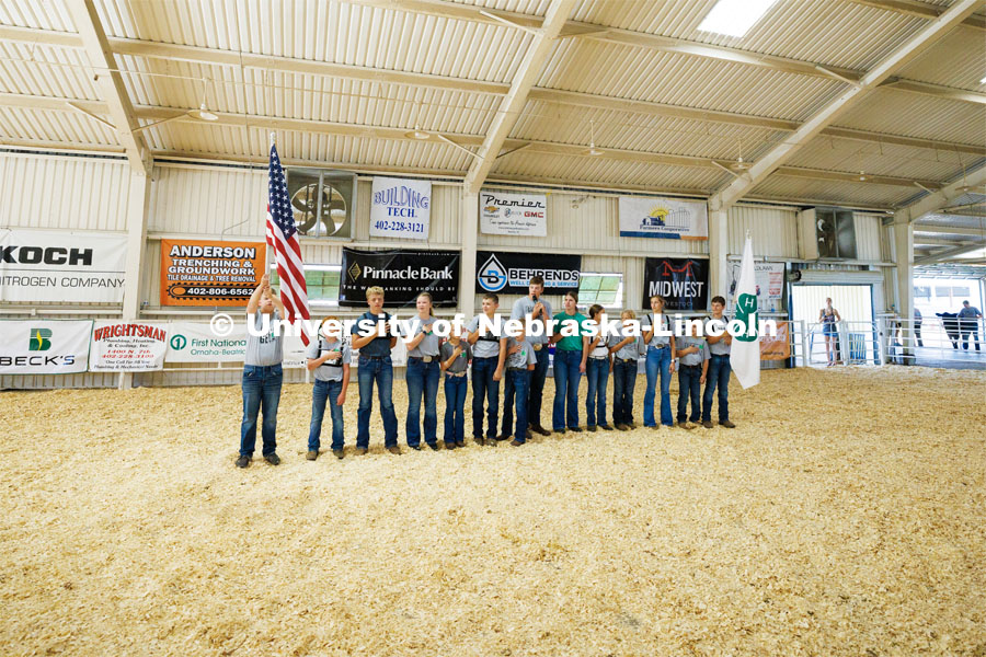 4H members recite the pledge of allegiance to begin the day’s show. 4H/FFA Beef Show at the Gage County Fair and Expo in Beatrice. July 28, 2023. Photo by Craig Chandler / University Communication.