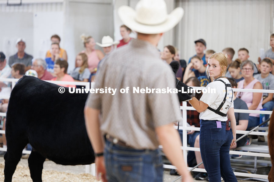 Avery Kraus of Burr eyes the judge during the senior division beef showmanship competition. 4H/FFA Beef Show at the Gage County Fair and Expo in Beatrice. July 28, 2023. Photo by Craig Chandler / University Communication.