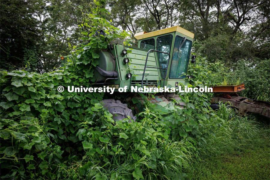Vines engulf an old John Deere combine. Filming of the movie using UNL students as the production crew. Richard Endacott earned multiple awards for his screenplay, "Turn Over." Story about keeping the family farm operating in the modern era as two brothers come together via restoring an old tractor to help fund their operations. August 9, 2023. Photo by Craig Chandler / University Communication.