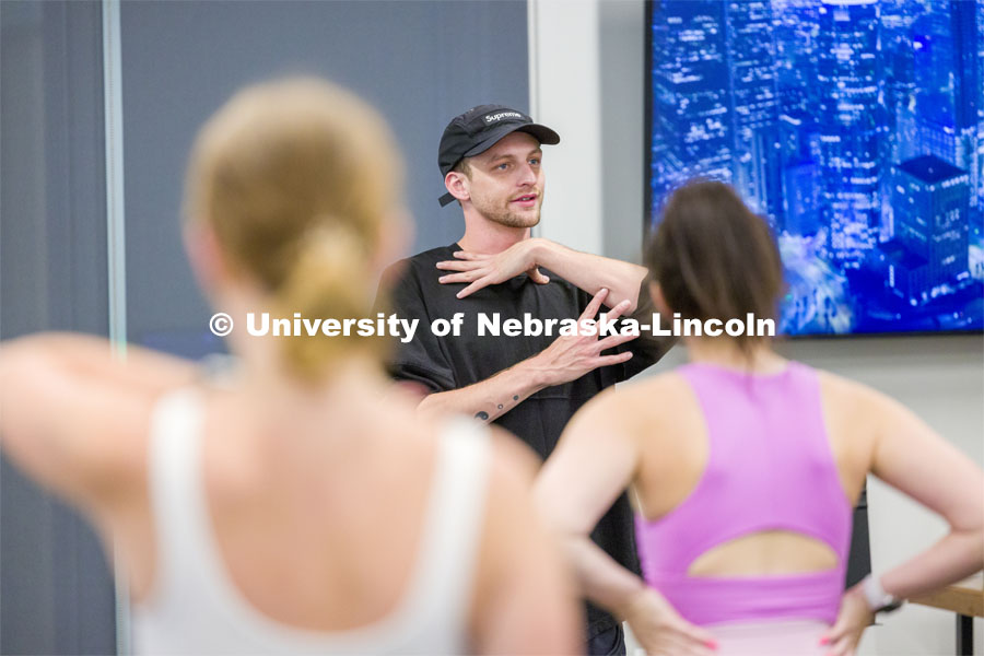 Devin Tyler Hatch, dance captain and swing, for the “Hamilton” touring company, leads a master class for dance students at the Johnny Carson Center for Emerging Media Arts. August 11, 2023. Photo by Craig Chandler/ University Communication.