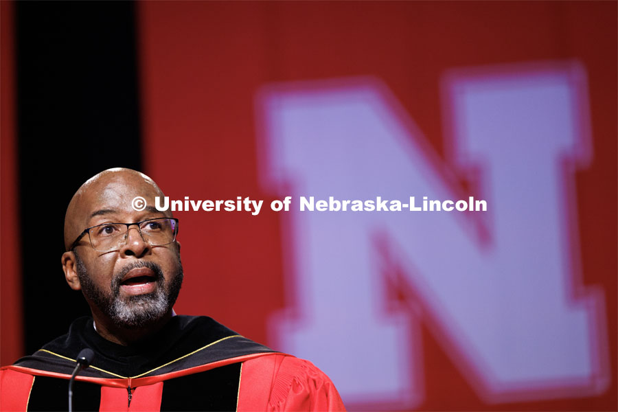 Chancellor Rodney Bennett gives his welcome to begin the All-University Commencement. The University of Nebraska–Lincoln is conferring 588 degrees during the combined graduate and undergraduate commencement ceremony at Pinnacle Bank Arena. August 12, 2023. Photo by Craig Chandler/ University Communication.