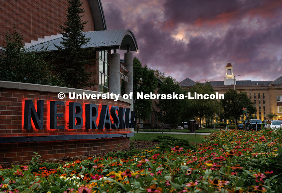 City Campus Van Brunt Visitors Center and Love Library with dark clouds in the sky. August 13, 2023. Photo by Craig Chandler/ University Communication.