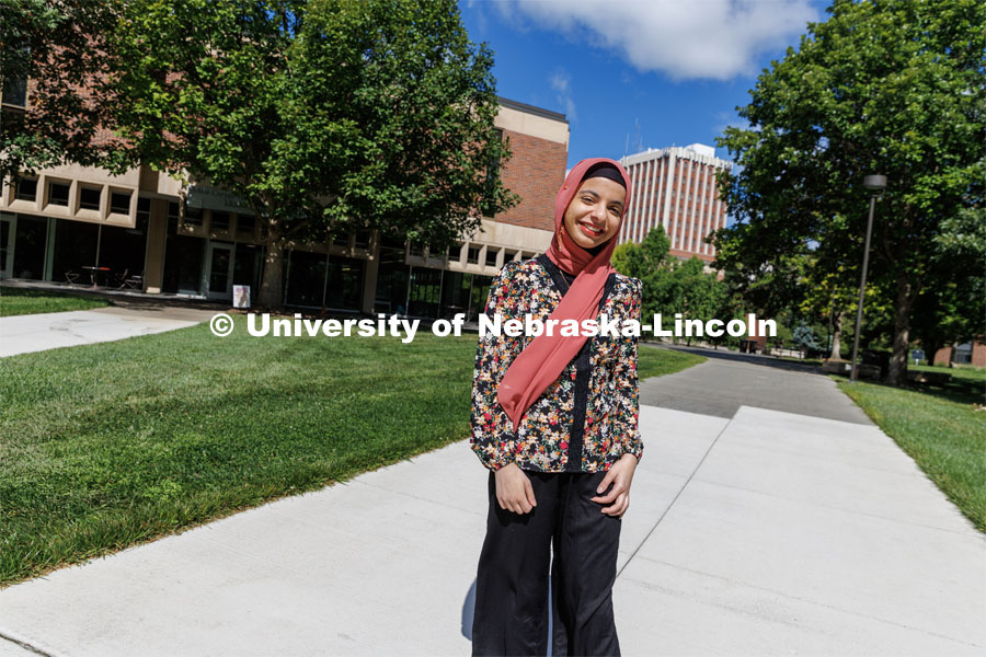 Sukaina Al-Hamedi, a senior biochemistry major is photographed for “I’m a Husker &”. August 14, 2023. Photo by Matthew Strasburger / University Communication.