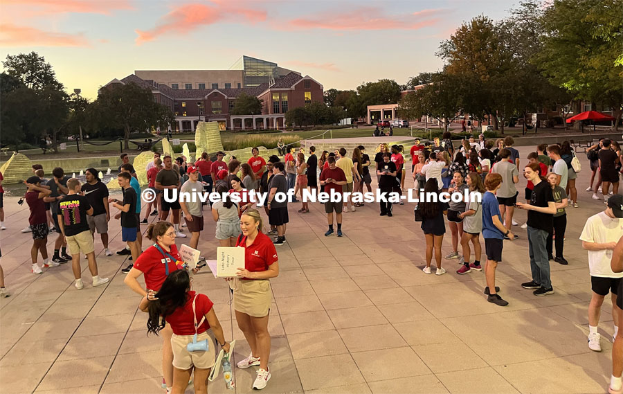 More than 100 students gathered near Broyhill Fountain for the night tour. Big Red Welcome Night Tour. August 15, 2023. Photo by Deann Gayman / University Communication.