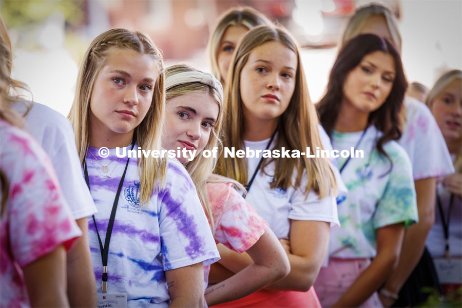 Lines form in front of Pi Beta Phi as those rushing await the next event. Sorority Recruitment. August 15, 2023. Photo by Craig Chandler/ University Communication.