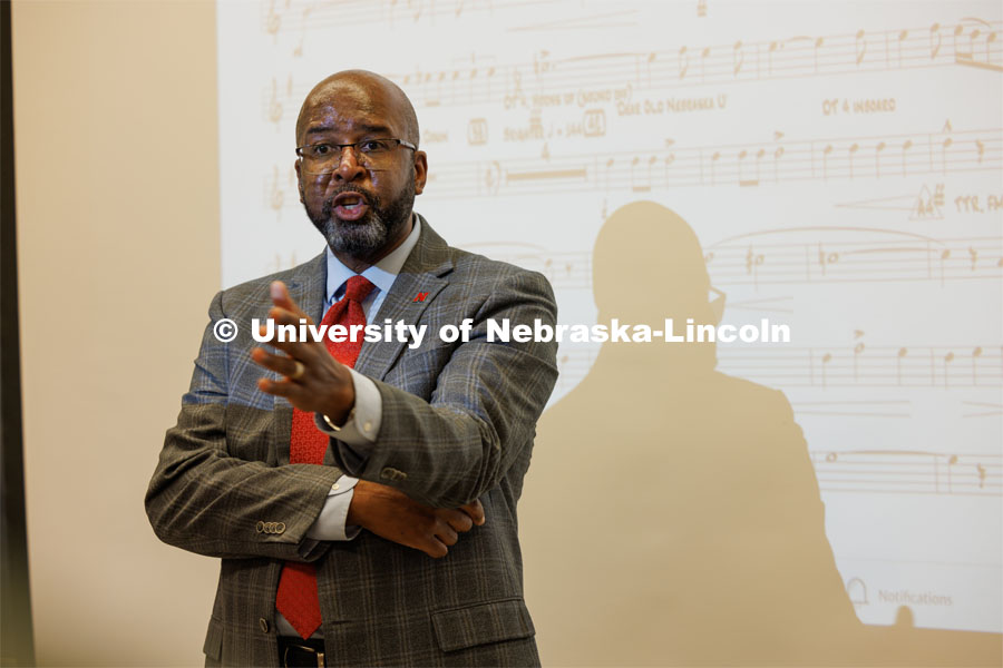 Chancellor Rodney Bennett addresses the band. Cornhusker Marching Band practice. August 17, 2023. Photo by Craig Chandler/ University Communication.