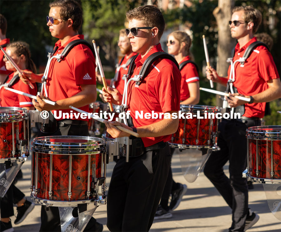 Big Red Welcome week featured the Cornhusker Marching Band Exhibition in Memorial Stadium where they showed highlights of what the band has been working on during their pre-season Band Camp, including their famous “drill down”. August 18, 2023. Photo by Sammy Smith / University Communication.