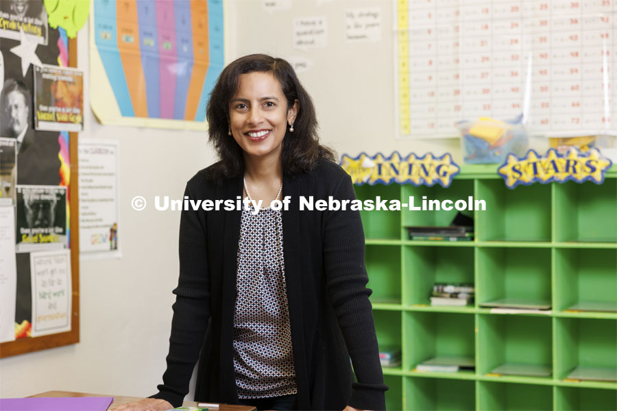 Deepika Menon, leads the RISE Project, a newly funded Noyce Track 4 research project, Research on Integrated STEM Self-efficacy (RISE), to improve integrated STEM instruction in elementary classrooms. Photo used for 2022-2023 Annual Report on Research at Nebraska. October 18, 2023. Photo by Craig Chandler / University Communication.