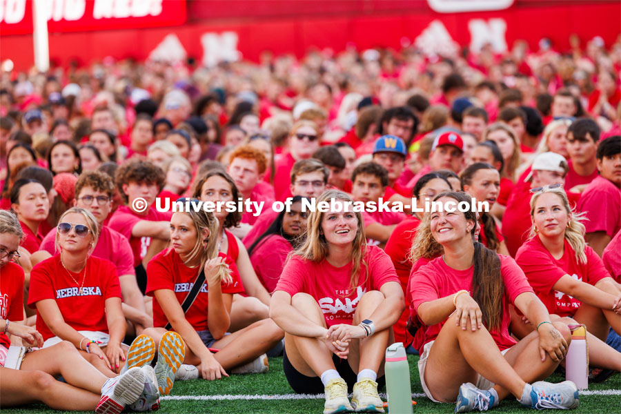 The class of 2027 gather on the field to form and "N" at the Tunnel Walk in Memorial Stadium. August 18, 2023. Photo by Craig Chandler / University Communication.