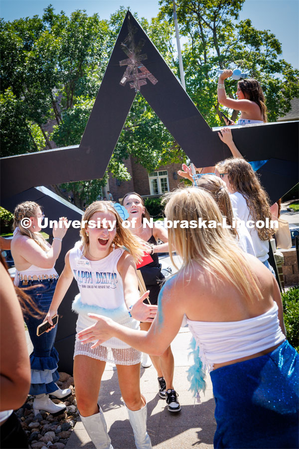 Kappa Delta sorority members celebrate after receiving their bid Saturday afternoon. Sorority Bid Day in the Cather Dining Complex and on the Vine Street Fields. August 19, 2023. Photo by Craig Chandler / University Communication.