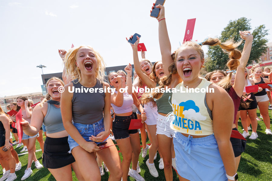 Sorority Bid Day in the Cather Dining Complex and on the Vine Street Fields. August 19, 2023. Photo by Craig Chandler / University Communication.
