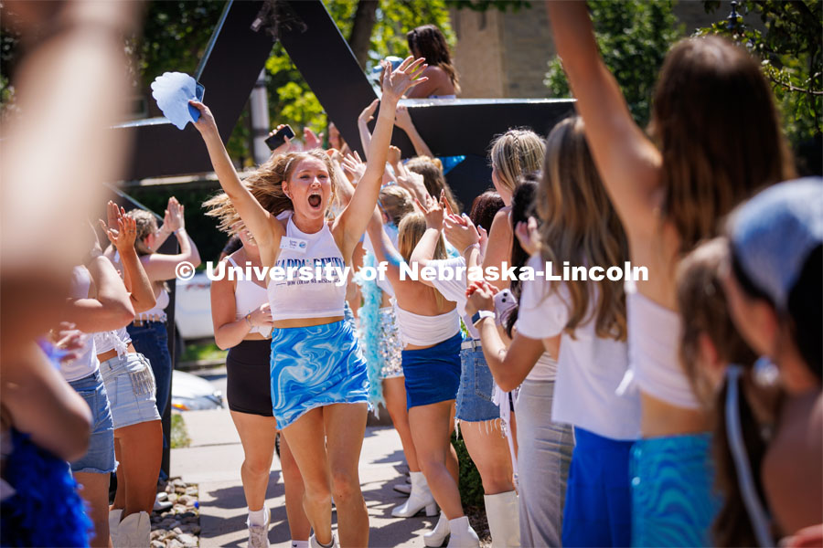 Kappa Delta sorority members celebrate after receiving their bid Saturday afternoon. Sorority Bid Day in the Cather Dining Complex and on the Vine Street Fields. August 19, 2023. Photo by Craig Chandler / University Communication.