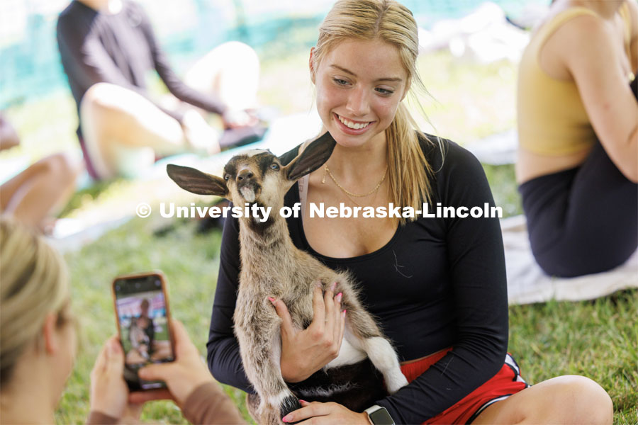 Kyra Jenkins, a freshman from Springfield, Nebraska, poses for a photo with a goat during goat yoga. Wellness Fest in front of the Nebraska Union and on the green space. August 19, 2023. Photo by Craig Chandler / University Communication.
