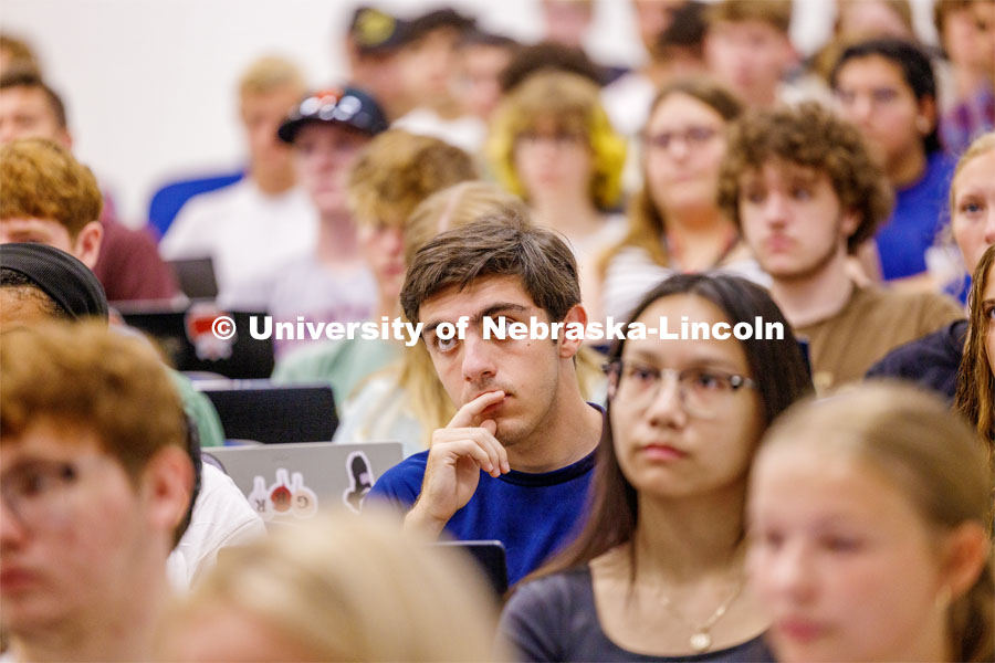 Students listen during Richard Hartung’s Chemistry 109 lecture. First day of classes for fall semester. August 21, 2023. Photo by Craig Chandler / University Communication.